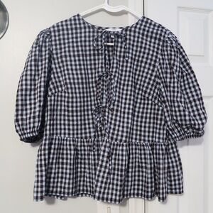 gingham brown and blue tie blouse